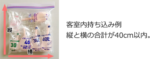 客室内持ち込み例。縦と横の合計が40cm以内。